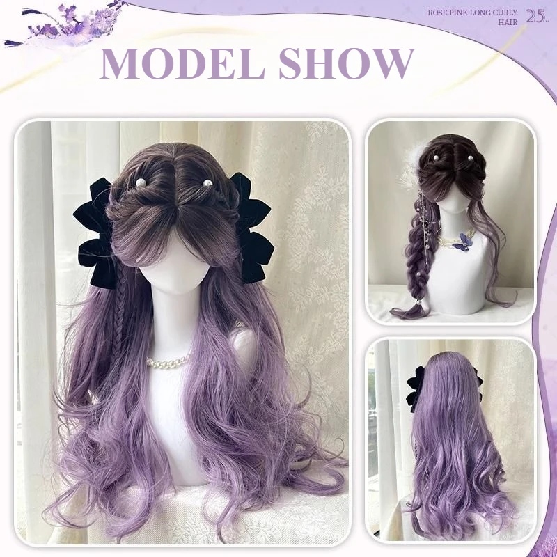 로리타 그레이 퍼플 그라데이션 공주 스타일 가발 중간 길이 헤어 큰 웨이브 긴 곱슬머리 코스프레 커플 헤어 컬러 풀 후드