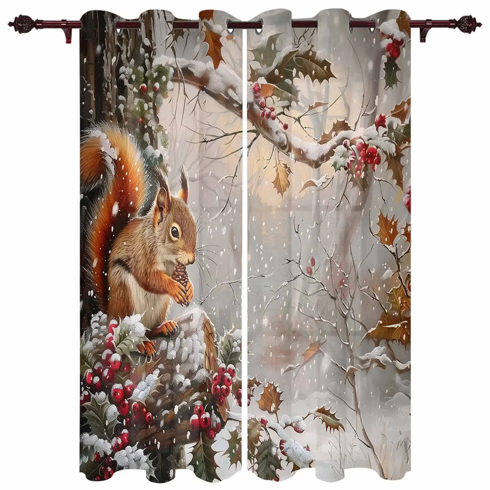 Christmas Winter Squirrel Berries Windows Curtains Living Room Luxury Decor Christmas Curtains Bedroom Kitchen Window Drapes