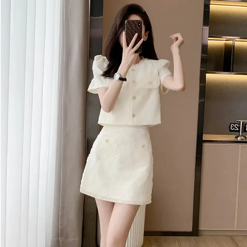 Women French Luxury Tweed Two Piece Set Puff Sleeve Crop Top High Waist Mini Skirt Casual Office Outfit