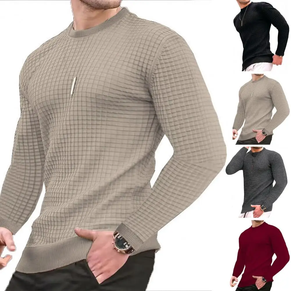 

Men Solid Color Top Soft Breathable Men's Waffle Texture Pullover Slim Fit Long Sleeve Mid Length T-shirt for Fall Spring Men