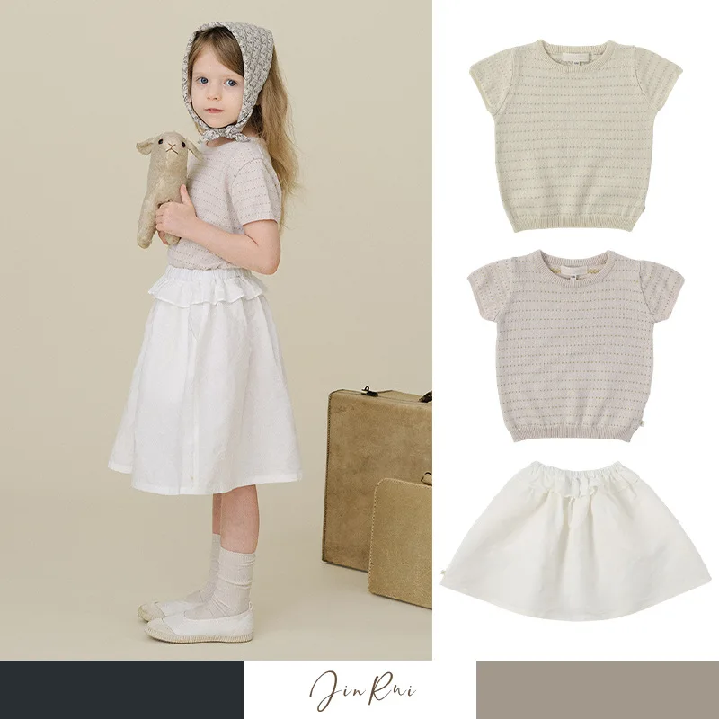 

Spring Summer 2026 BENE Style Korean Cotton Bell Knitted Short Sleeve With Pure White Cotton Linen Half Skirt Matching Sweater