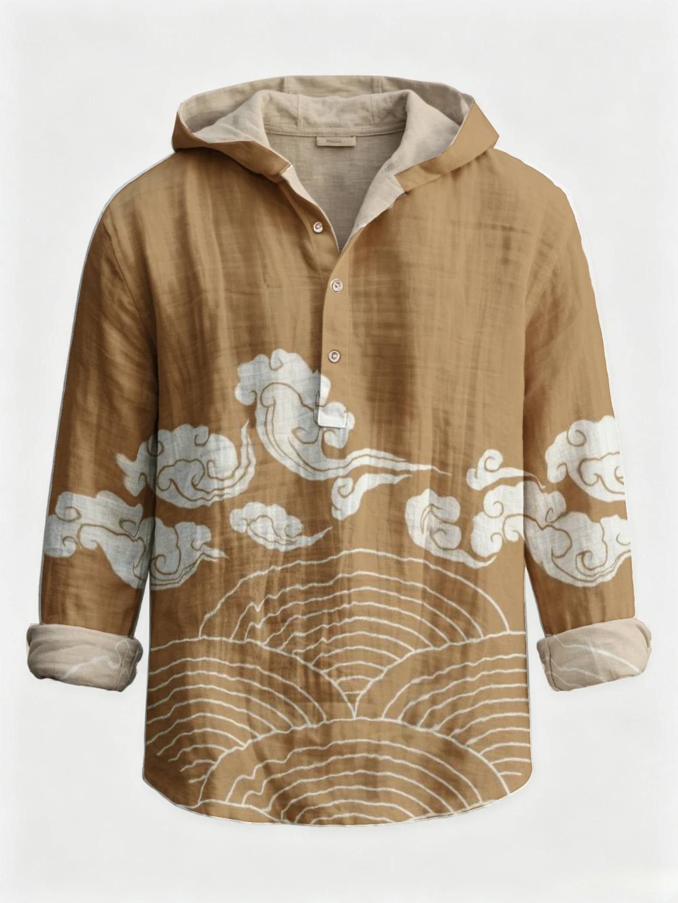 Men's Chinese Style Cloud Wave Line Art Print Hooded Henley Shirt, Long Sleeve Half‑Button Loose Fit Bohemian Casual Pullover