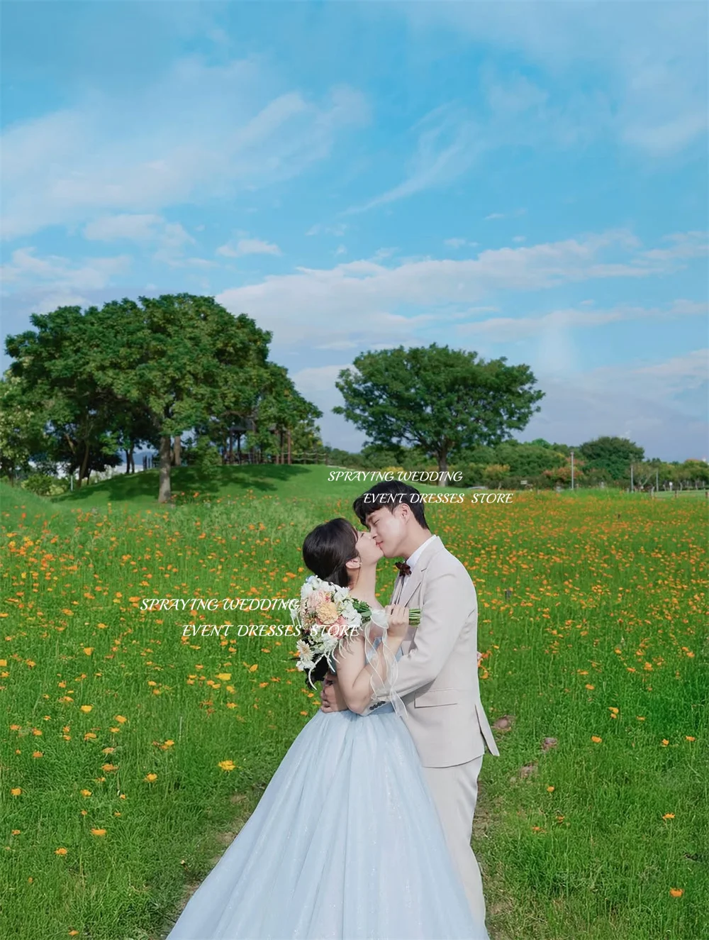 スプレー染めブルーチュールイブニングドレス韓国ウェディングフォト撮影VネックオフショルダーパーティードレスAラインロングコルセットカスタムメイド2026