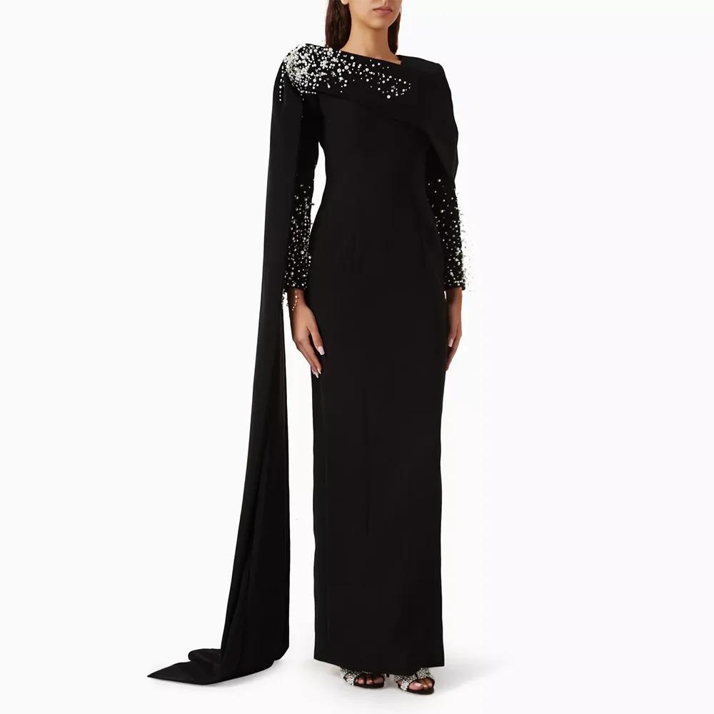 

Модное вечернее платье по индивидуальному заказу с накидкой, черное платье с V-образным вырезом и длинными рукавами, жемчугом и бисером, арабское вечернее платье, прямые платья для выпускного вечера