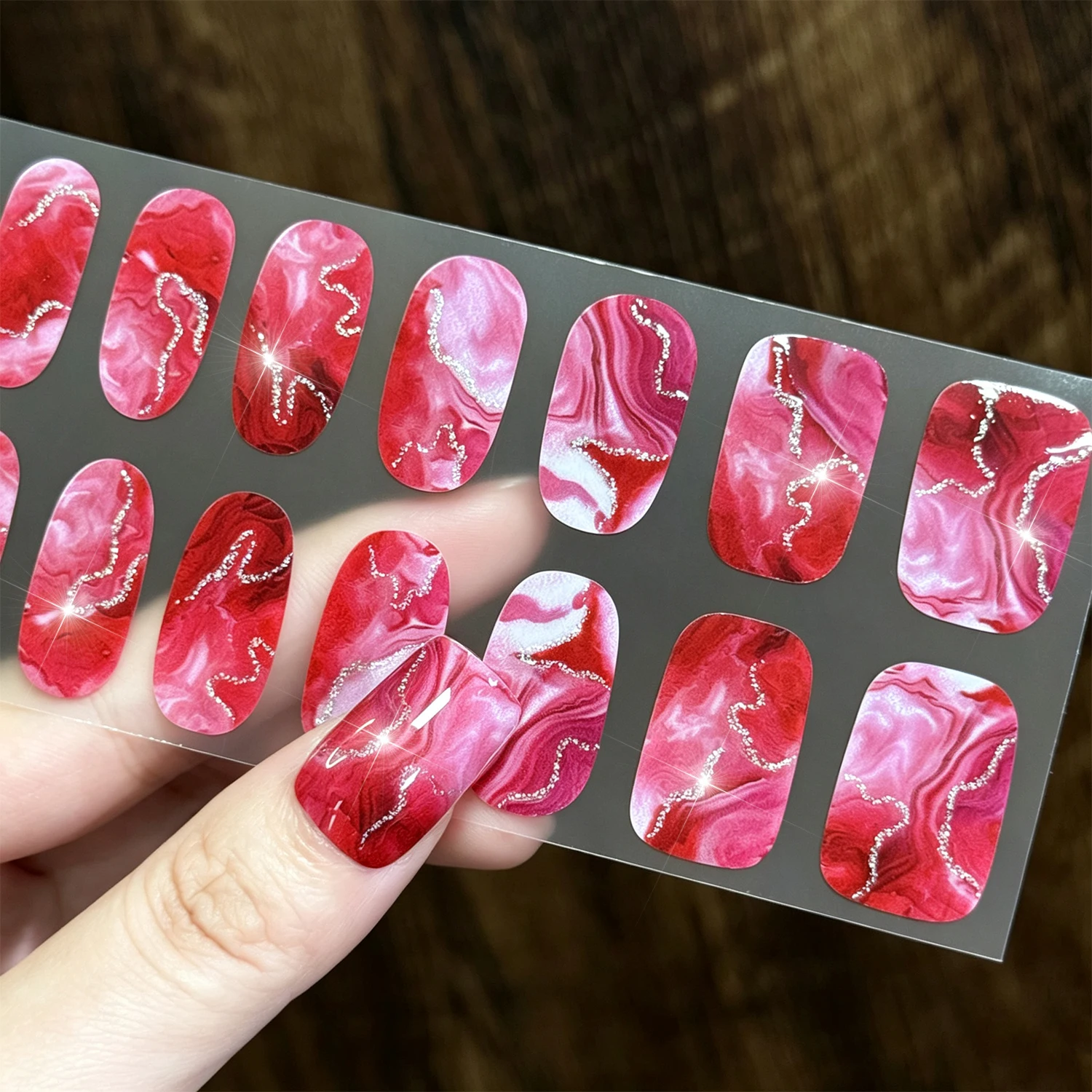 16Tips Red Marble Glitter Nail Polish Sticker Full Cover Self Adhesive Nails Wraps Irregular Swirl Manicure Decals UV LED Needed