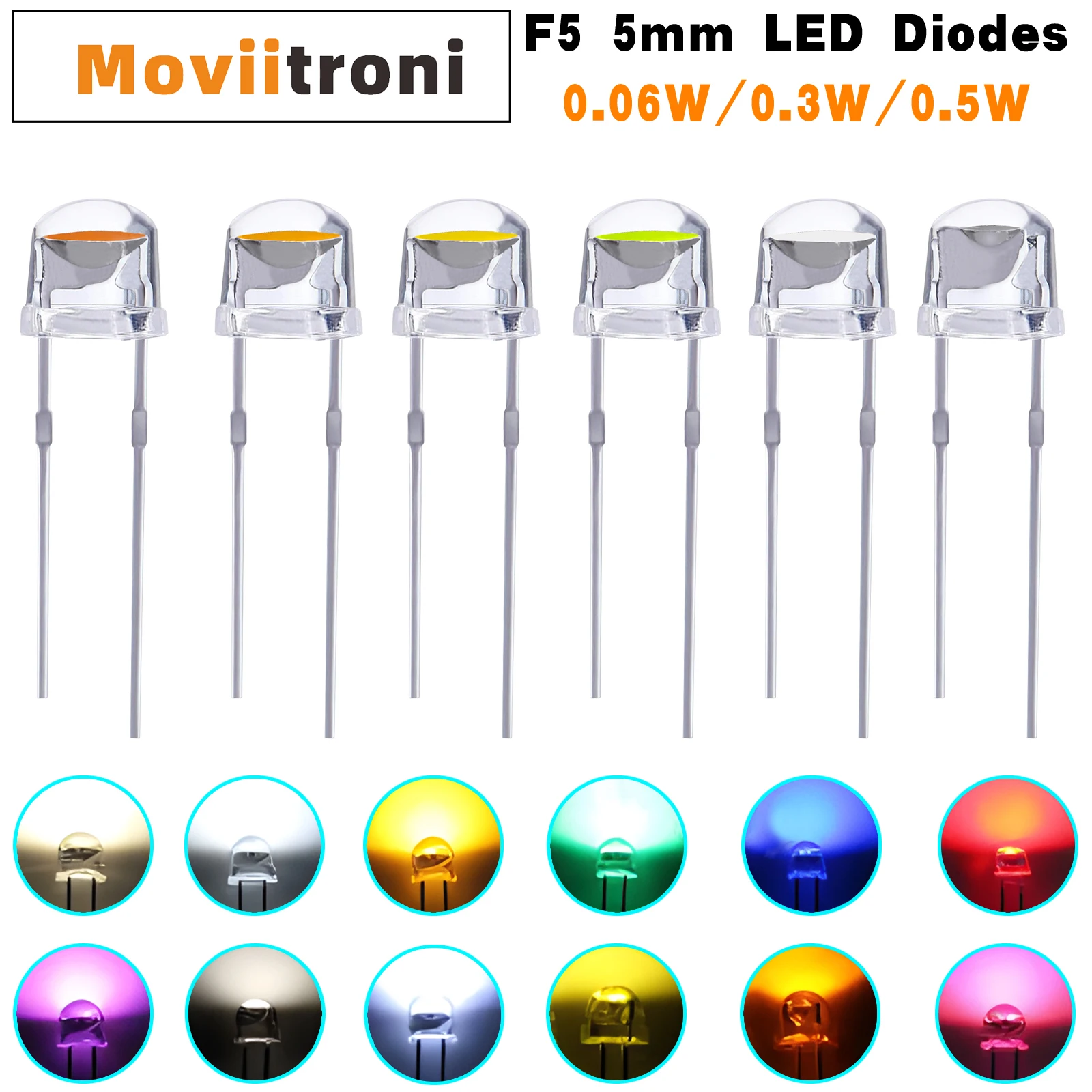 10pcs 5mm Hat LED Diode Super Bright Colorful 0.06W/0.3W/0.5W Power F5 Light Emitting Diode White Red Yellow Green Blue Lamp