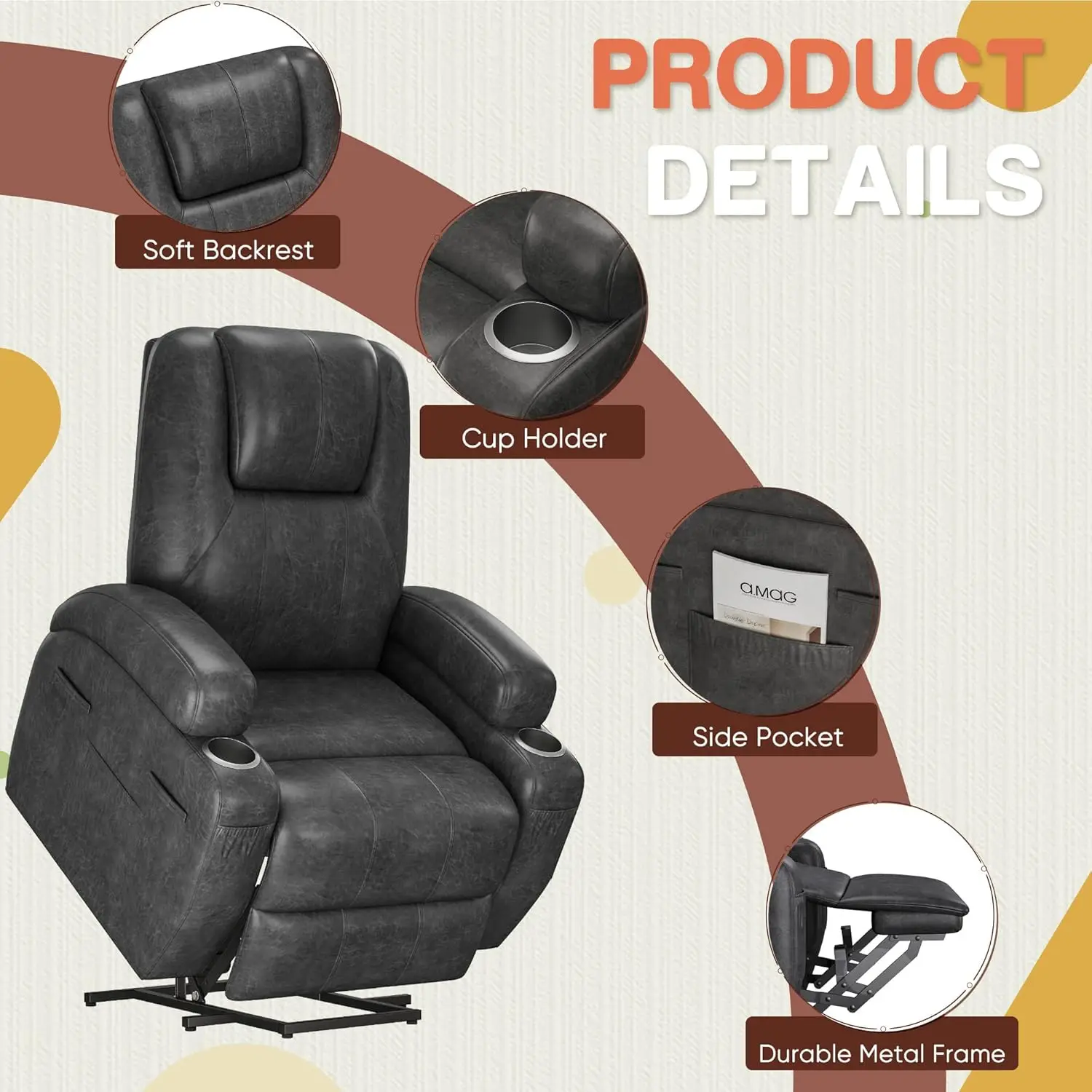 Electric Lift Recliner Chair with Massage, Corduroy, Remote Control, Cup Holders, Side Pockets - Dark Gray