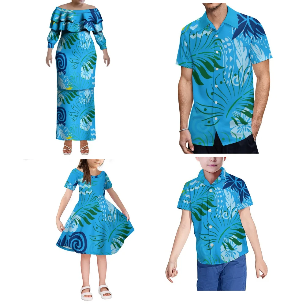 Set famiglia Monospalla a maniche corte Puletasi Set in due pezzi Abito da ragazza e top da ragazzo Camicia da uomo abbinata polinesiana