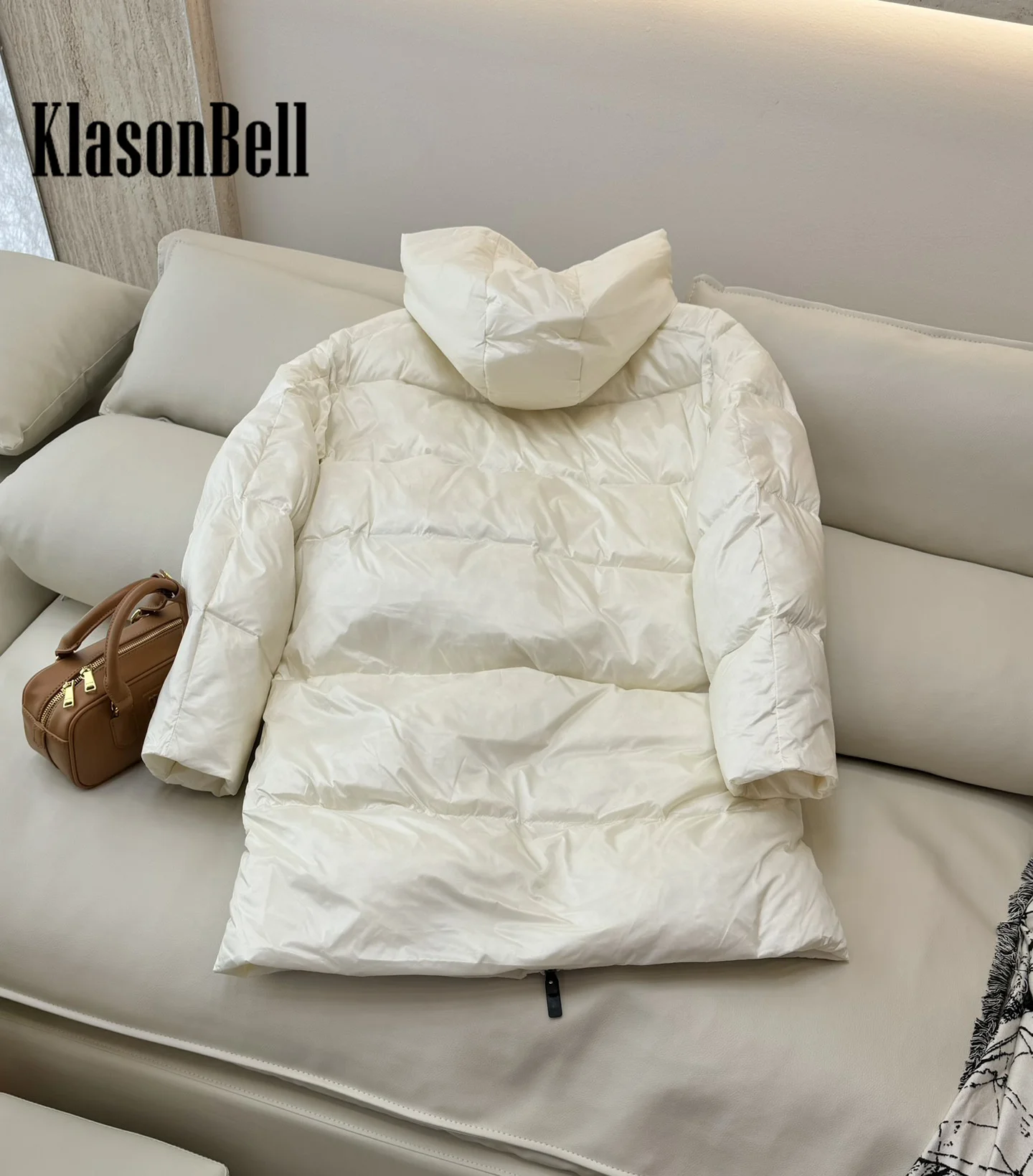 8.28 KlasonBell-Women Classic Hooded Lace-up Down Jacket Mid-Length Solid Whiter Goose Down Keep Warm Down Zipper Outerwear