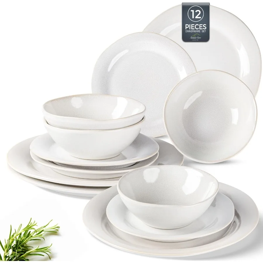 

Handmade Stoneware Ceramic Dinnerware Set with Reactive Glaze for Dining Room Use Scratch Resistant Plates and Bowls Set Suitab