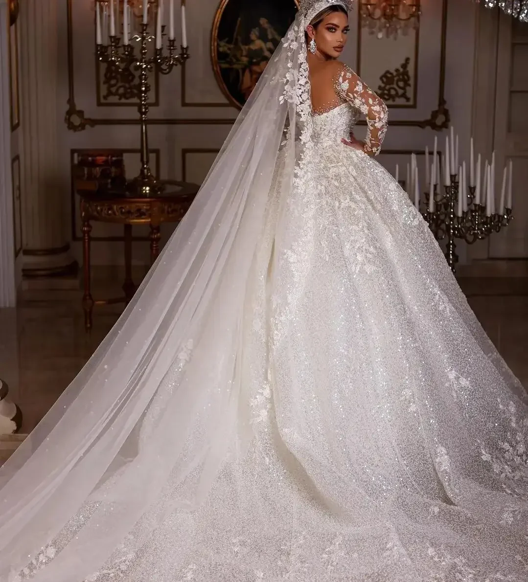 Robes de mariée de luxe personnalisées, manches longues, paillettes, perles, appliques à col transparent, paillettes, tulle, robe de mariée, quelque soit, 2022