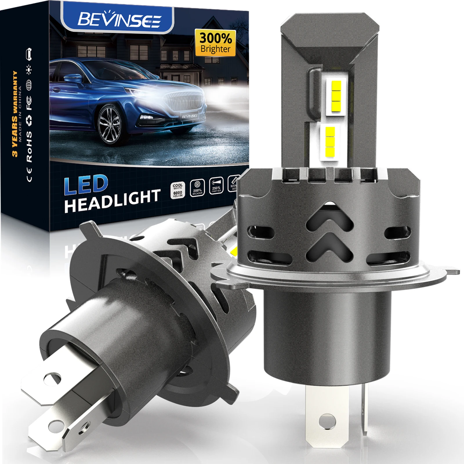 Bevinsee H4 Hi-Lo Beam LED Headlight Bulbs H7 LED Lights For Car 50W 6000LM 6000K White Light Plug & Play IP68 LED Headlamp 12V