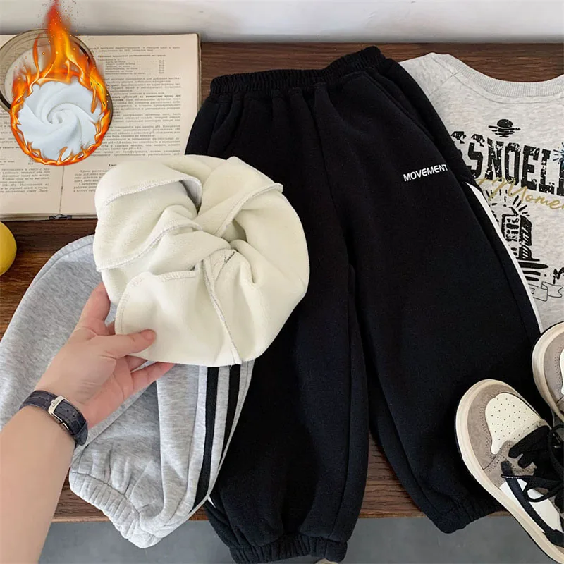الأولاد الشتاء زائد المخملية السراويل الجديدة للأطفال رسالة فضفاضة السراويل الخريف موضة الدافئة Sweatpants 2025 في سن المراهقة قيعان غير رسمية