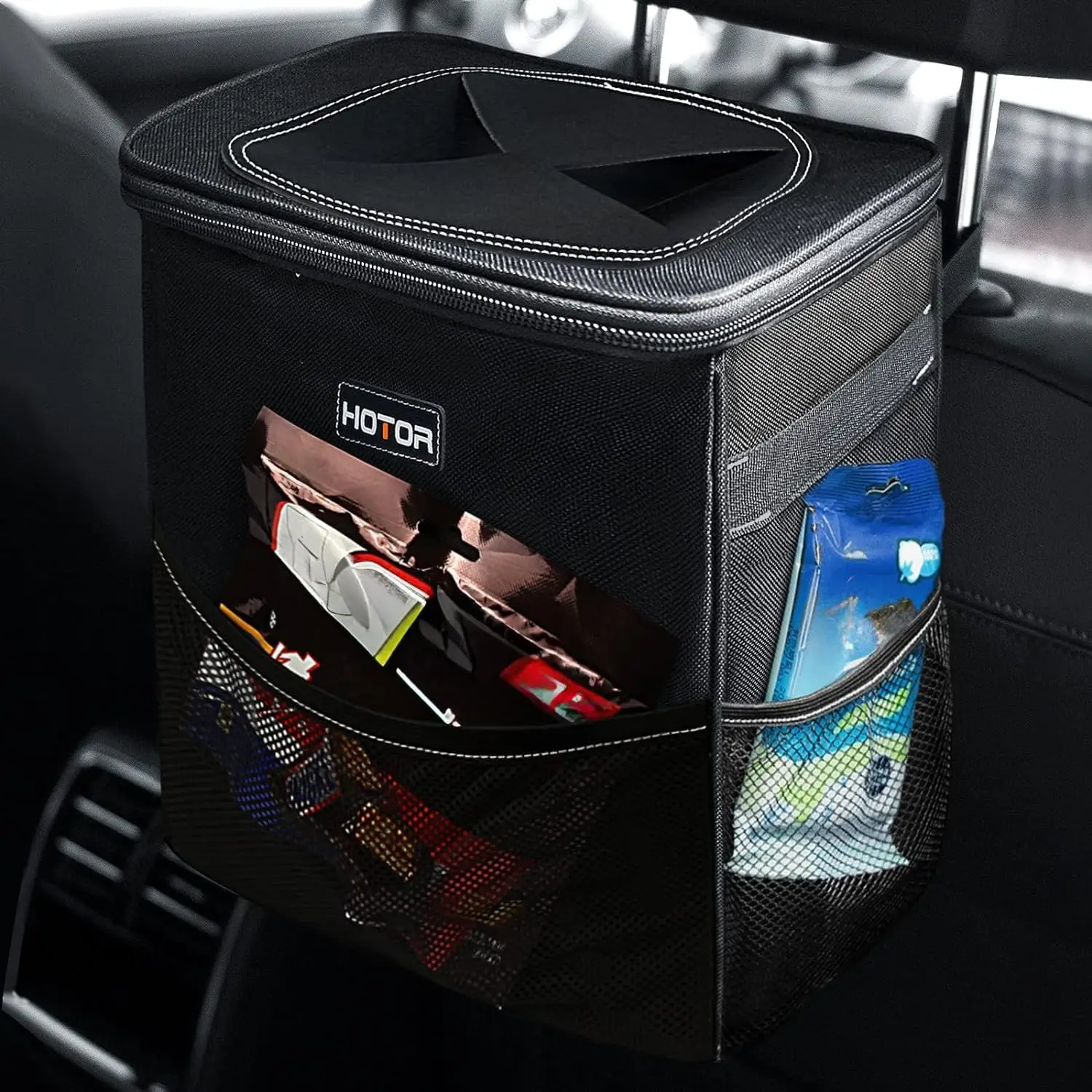 

Ultra Large 3-Gallon Car Trash Can with Adjustable Straps & Magnetic Snaps, Waterproof Organizer for Interior Storage, Black