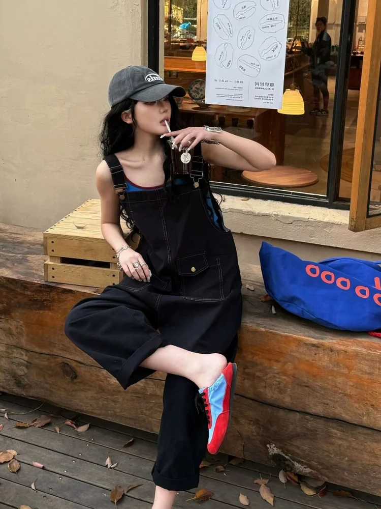 ชุดเอี๊ยมยีนส์อเนกประสงค์สไตล์ฮ่องกง พร้อมเสื้อกล้ามด้านใน ดีไซน์หลวมสไตล์ชุดทำงาน กางเกงขายาวเอวสูง ชุดสูทผู้หญิง