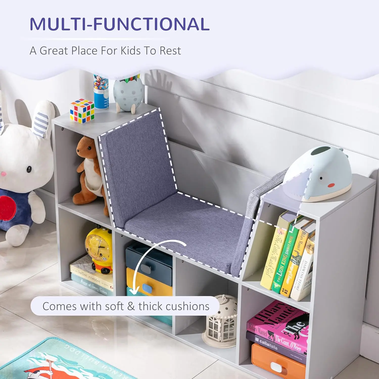 6-Cubby-Bibliothèque pour enfants avec coin lecture et coussin, rangement multi-usages pour chambre à coucher, salon, gris