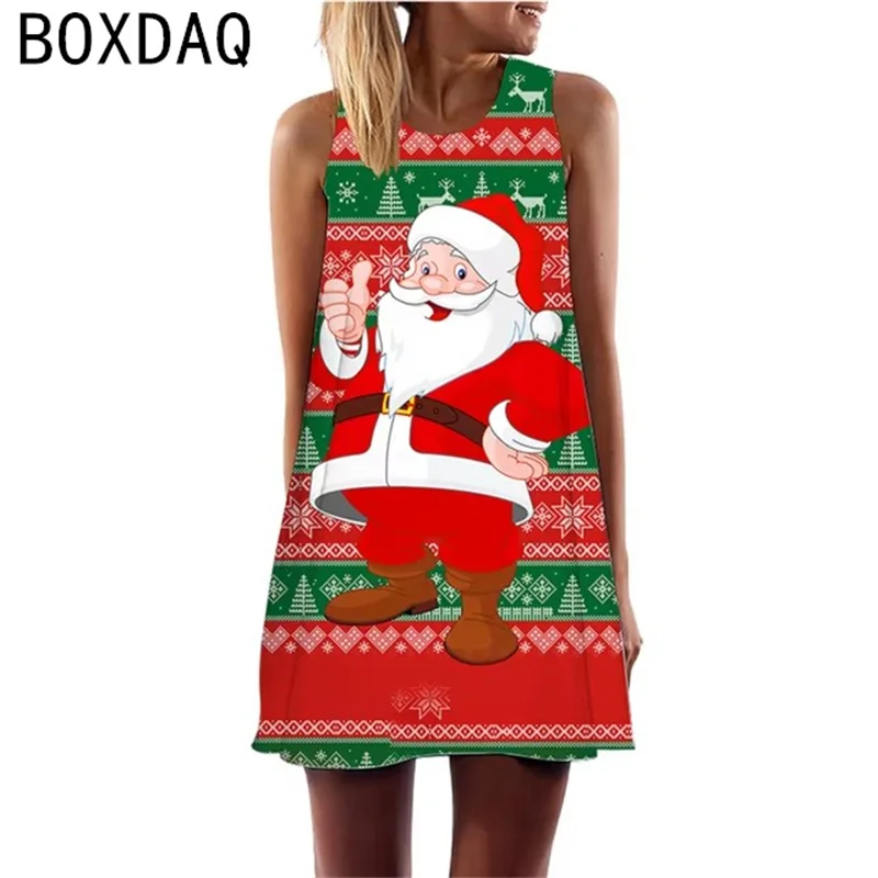 Christmas Elk Theme Print Dress Women Fashion Sleeveless Party Dresses Big Size 3XL Female Tank Mini Dress Vestidos De Mujer