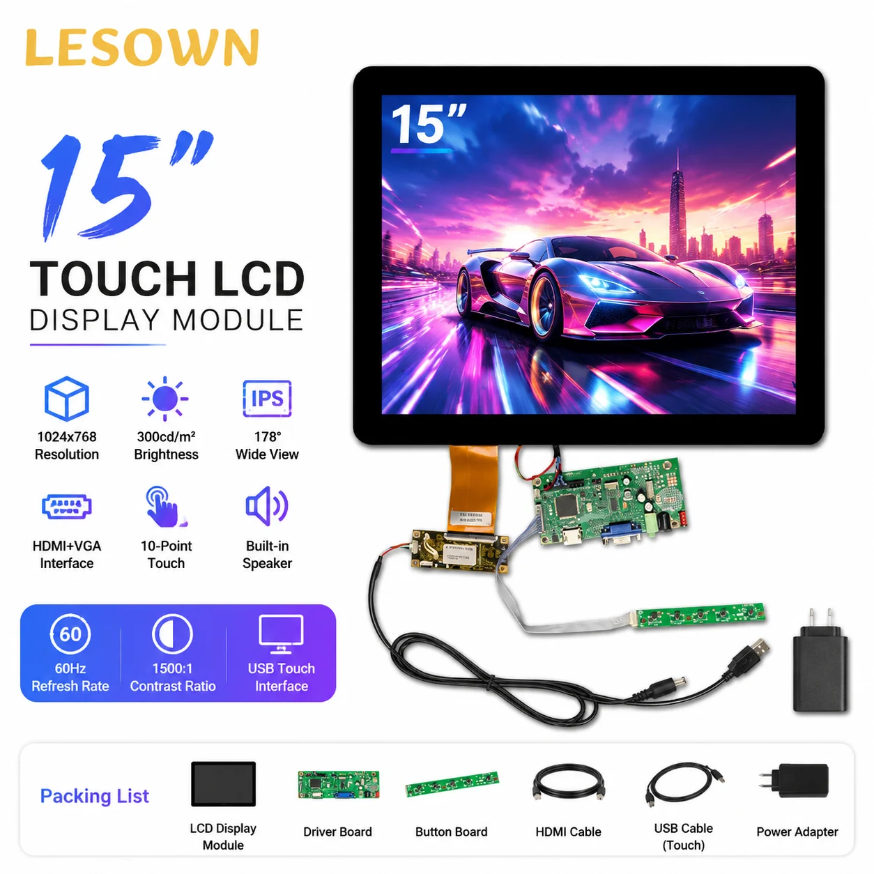LESOWN 15inch 1024x768 Capacitive Touch Screen Component No Driver Needed HDTV VGA Drive Board Module with USB Cable Set