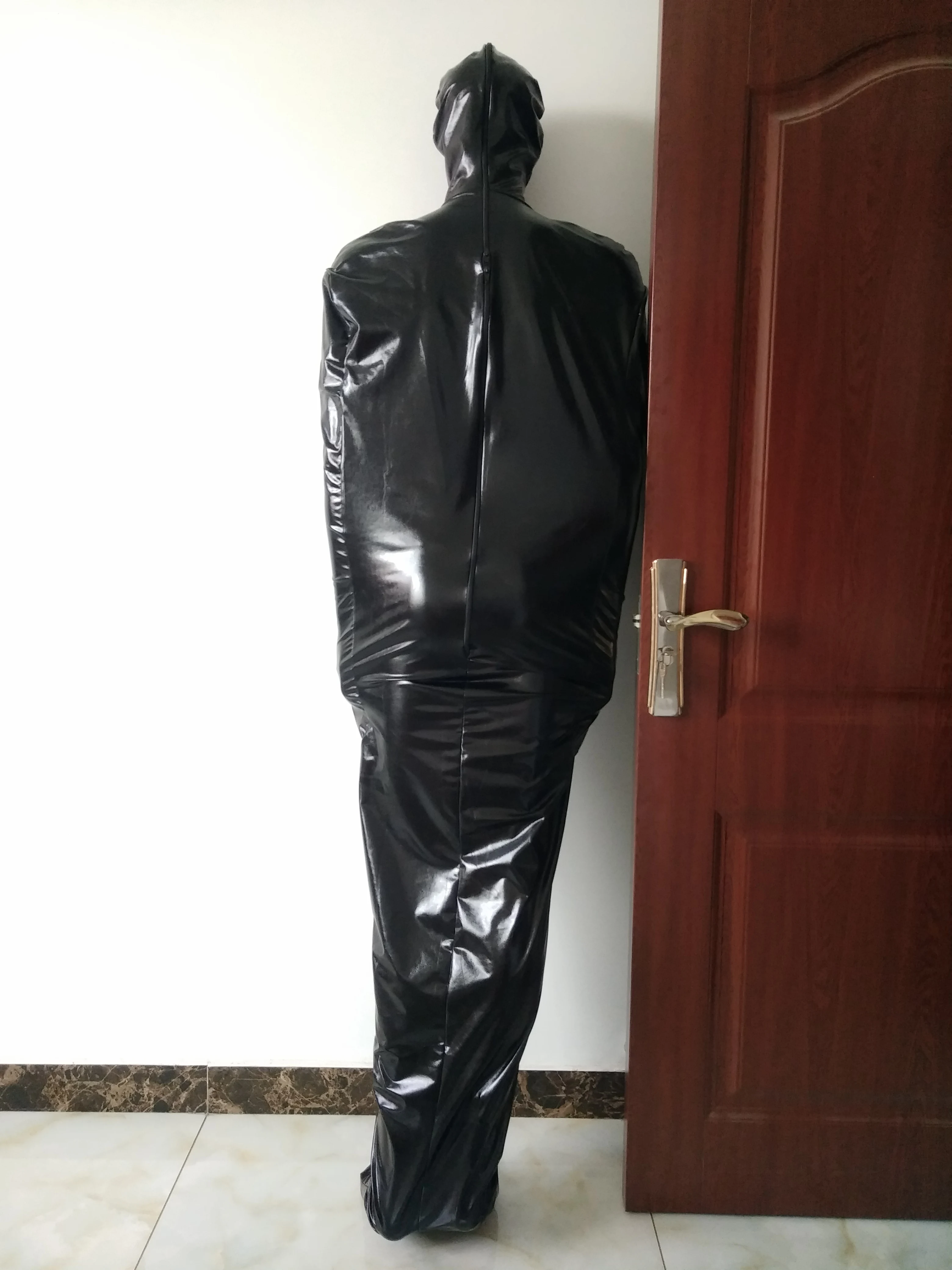 Black Shiny Metallic Mummy Costumes Sleeping Bag have inner sleeves Sexy Catsuit with crotch and breast zipper Halloween Cosplay