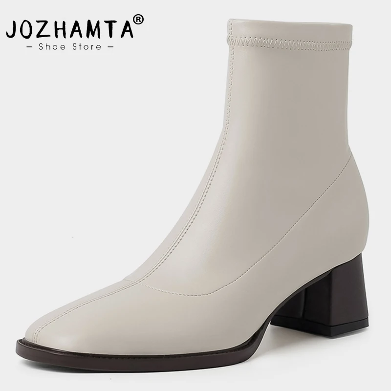 

JOZHAMTA Size 34-42 Women Ankle Boots Elastic Leather Thick High Heels Shoes Womans Winter Stretch Boot Square Toe Short Boots