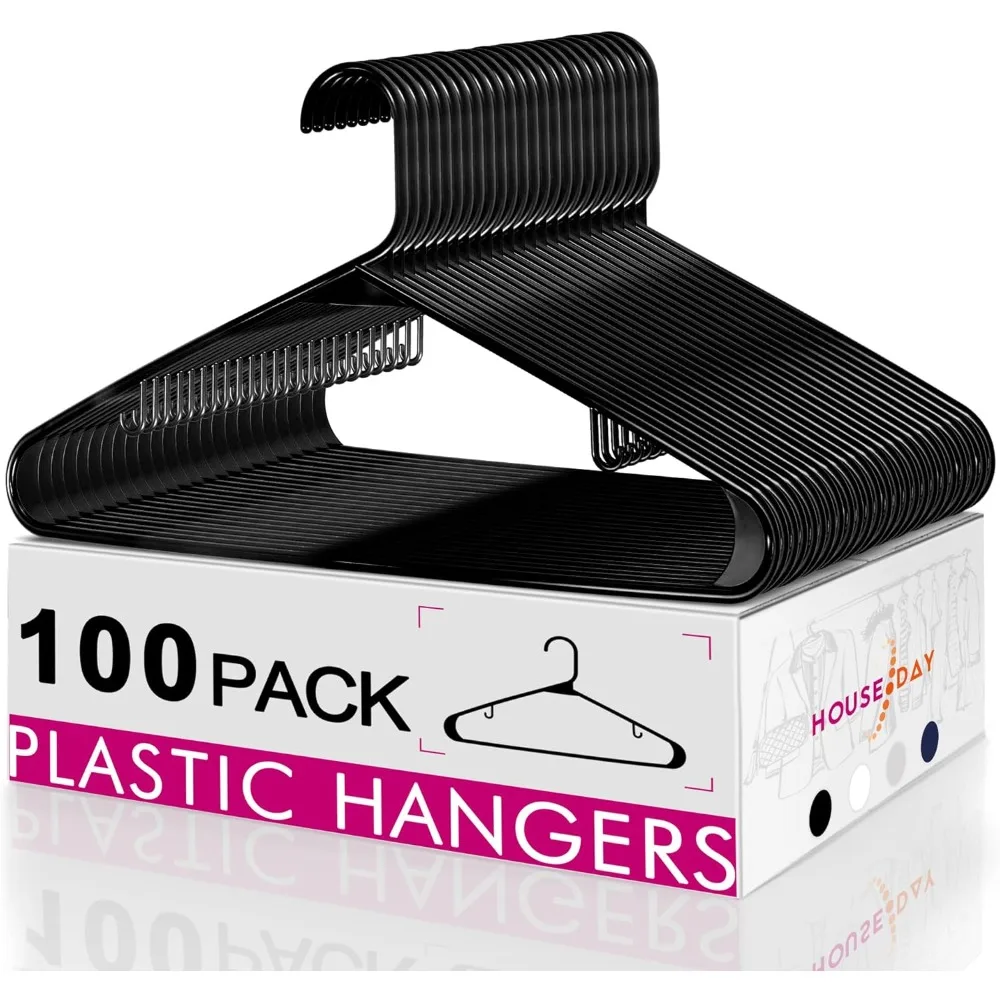 HOUSE DAY Black Plastic Hangers 100 Pack, Heavy Duty Clothes Hanger Plastic, Plastic Shirt Hangers Coat Hangers for Closet