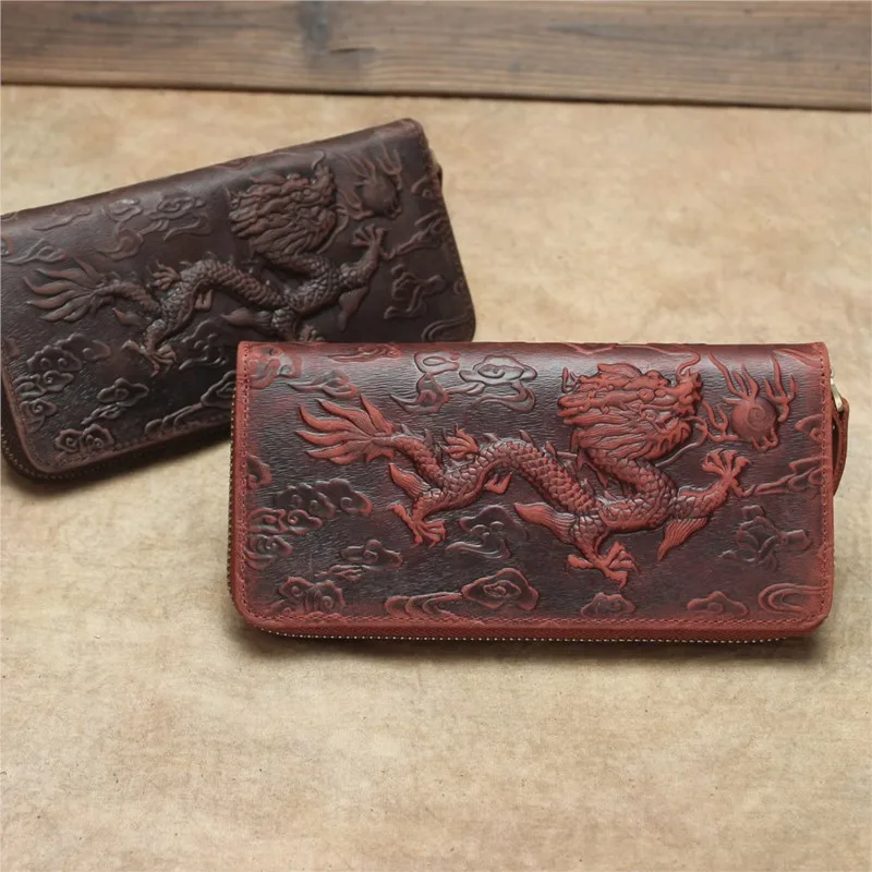 Johnature Retro Crazy Horse Leather Embossed Wallet 2024 New Dragon Pattern Long Men Wallets Card Holder Handmade Cowhide Purse