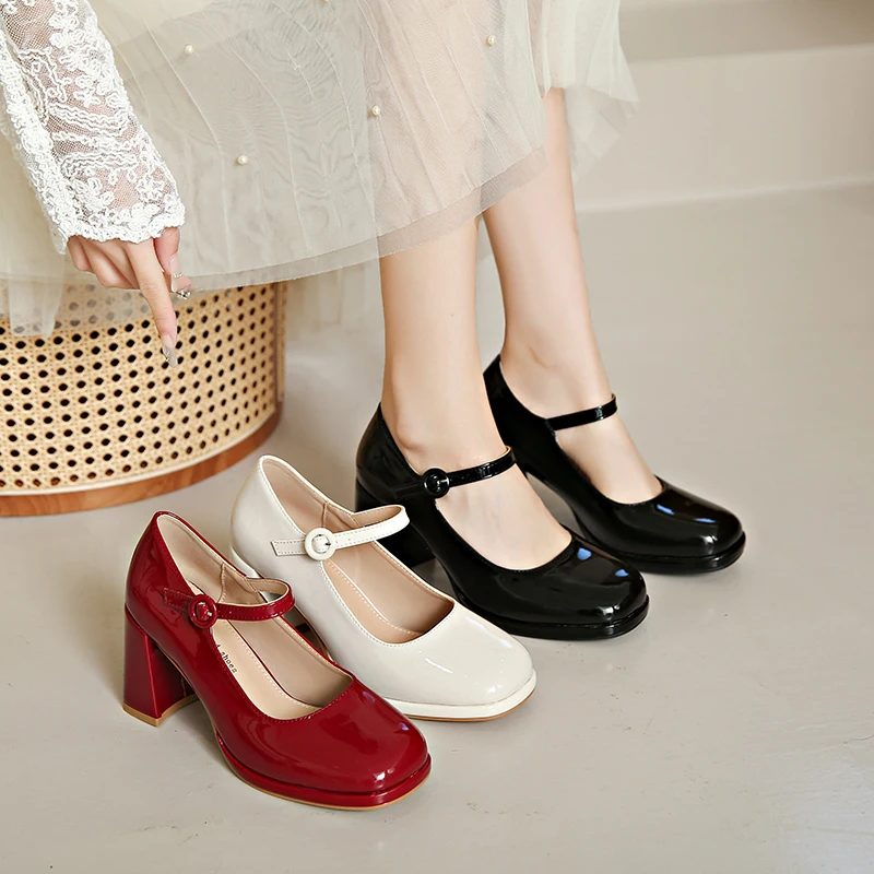 2024 New Fashion Women Shoes High Heels Mary Janes Patent Leather Thick Heel Pumps Buckle Round Toe Female Footwear Comfort 40