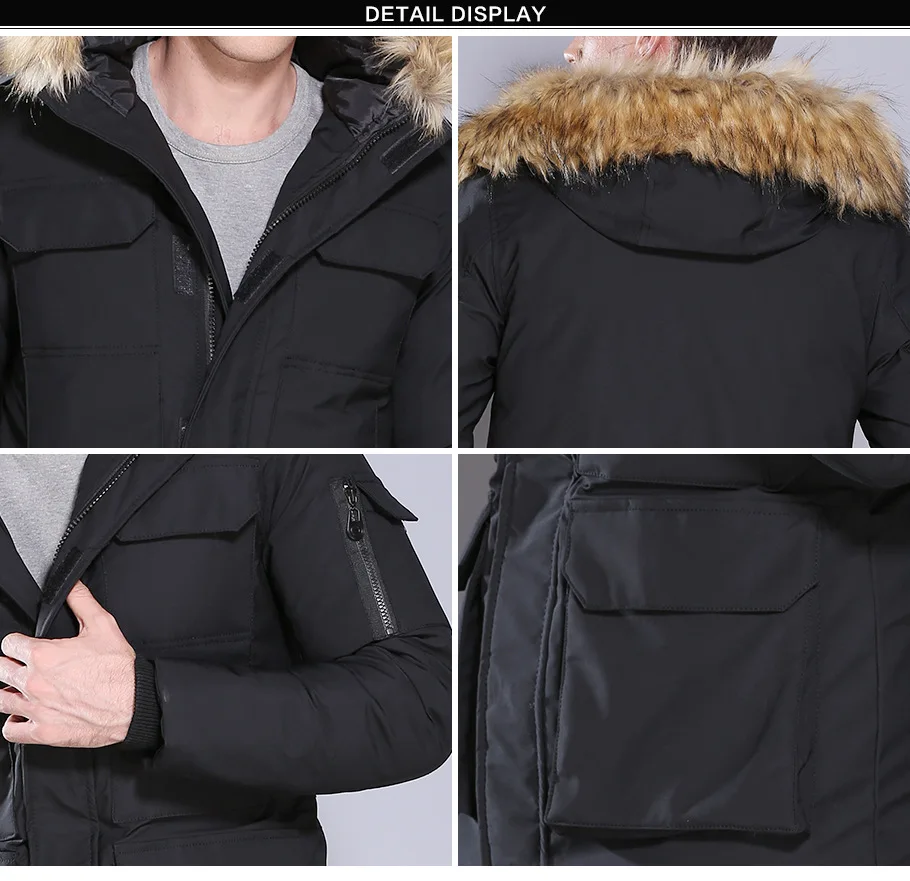 Men Thickened Down Cotton Parka Men Big Fur Collar Hooded Parkas Men Mid long Multi Pocket Outerwear Men Warm Casual Daily Parka