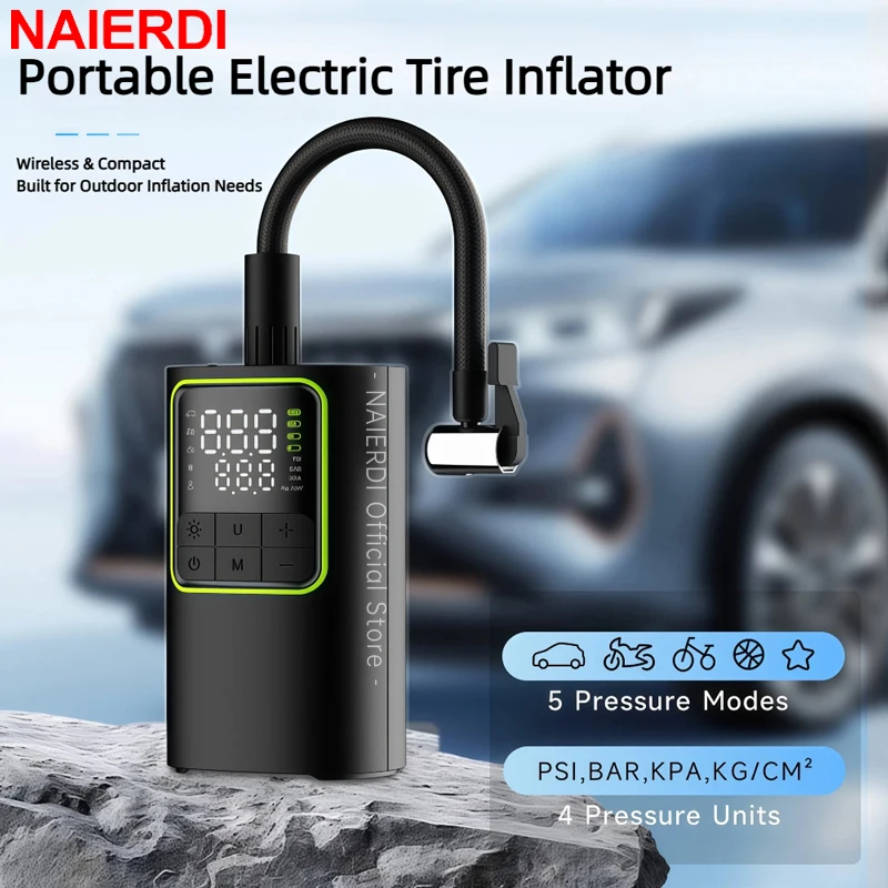 NAIERDI Portable Digital Tire Inflator with LED Light Wireless Fast Air Inflation for Car Motorcycle Bike Ball Electric Pump