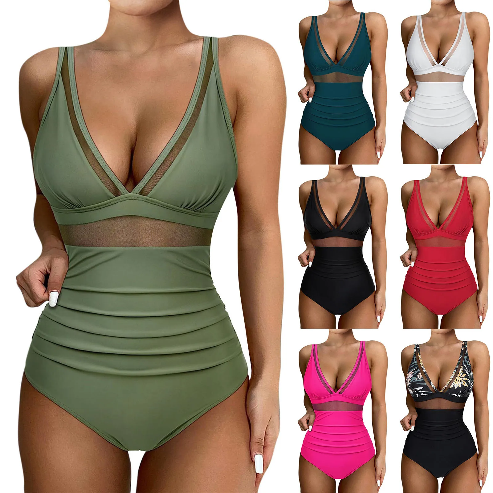 Women'S One-Piece Bikini Sexy Mesh Splicing Deep V Swimsuit High Waist Folds Slim Fit Beachwear Casual Basic Trend Swimwear