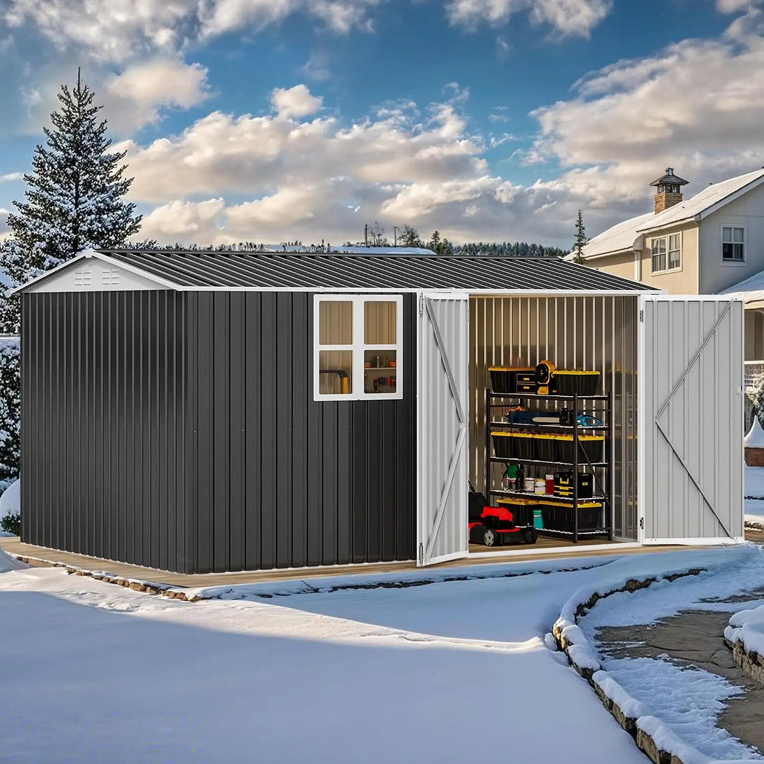 12x8ft Large Tool Storage Shed with Window, Lockable Doors, and Sloped Roof, Oversized Steel Outdoor Storage Shed for, Custom