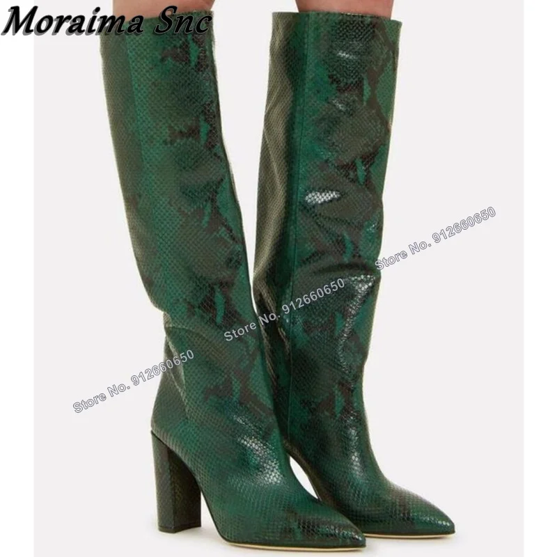 

Moraima Snc Green Serpentine Knee High Boots for Women Slip on Boots Chunky Heel Stilettos High Heels New Runway Shoes on Heels