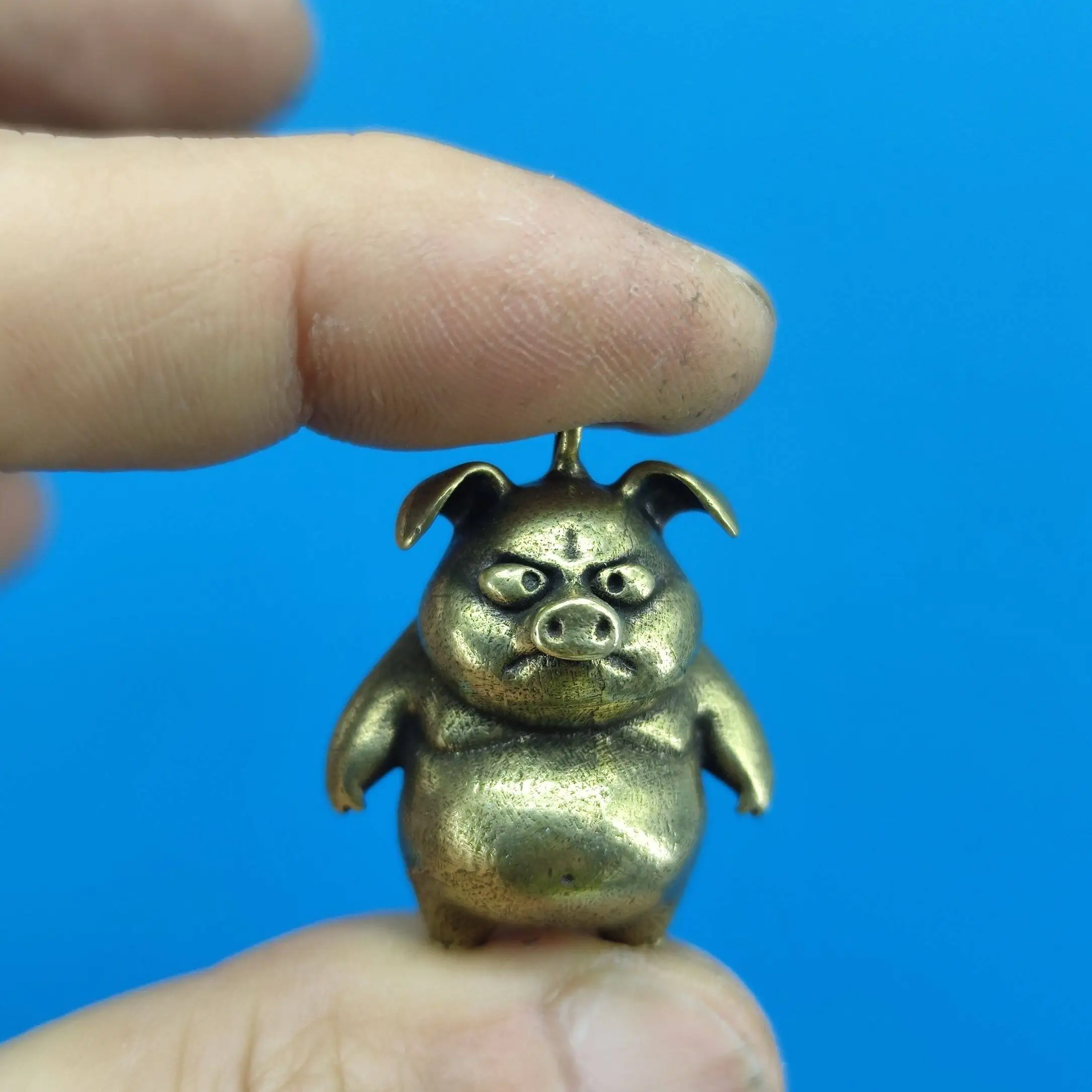 Solid Brass Angry Pig Figurine Accessory, Chinese Zodiac Fat Pig Pendant Car Keychain