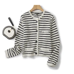 Ethereal MD 2024 new style of Casual small fragrance striped crew neck short sweater knitted cardigan coat