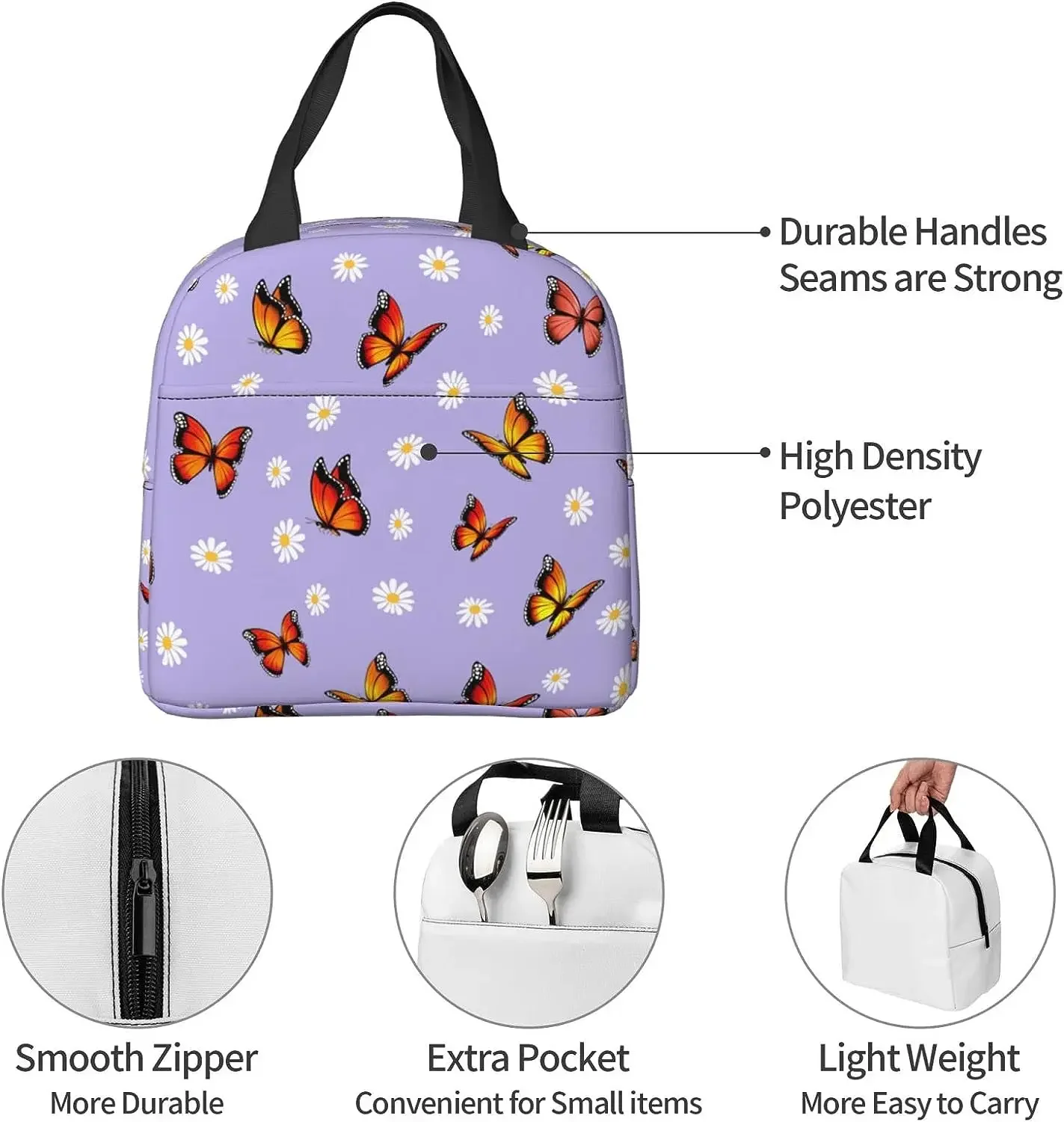 Daisy Purple Lunch Bags for Women Pocket Reusable Thermal Lunch Bag for Work Picnic Beach