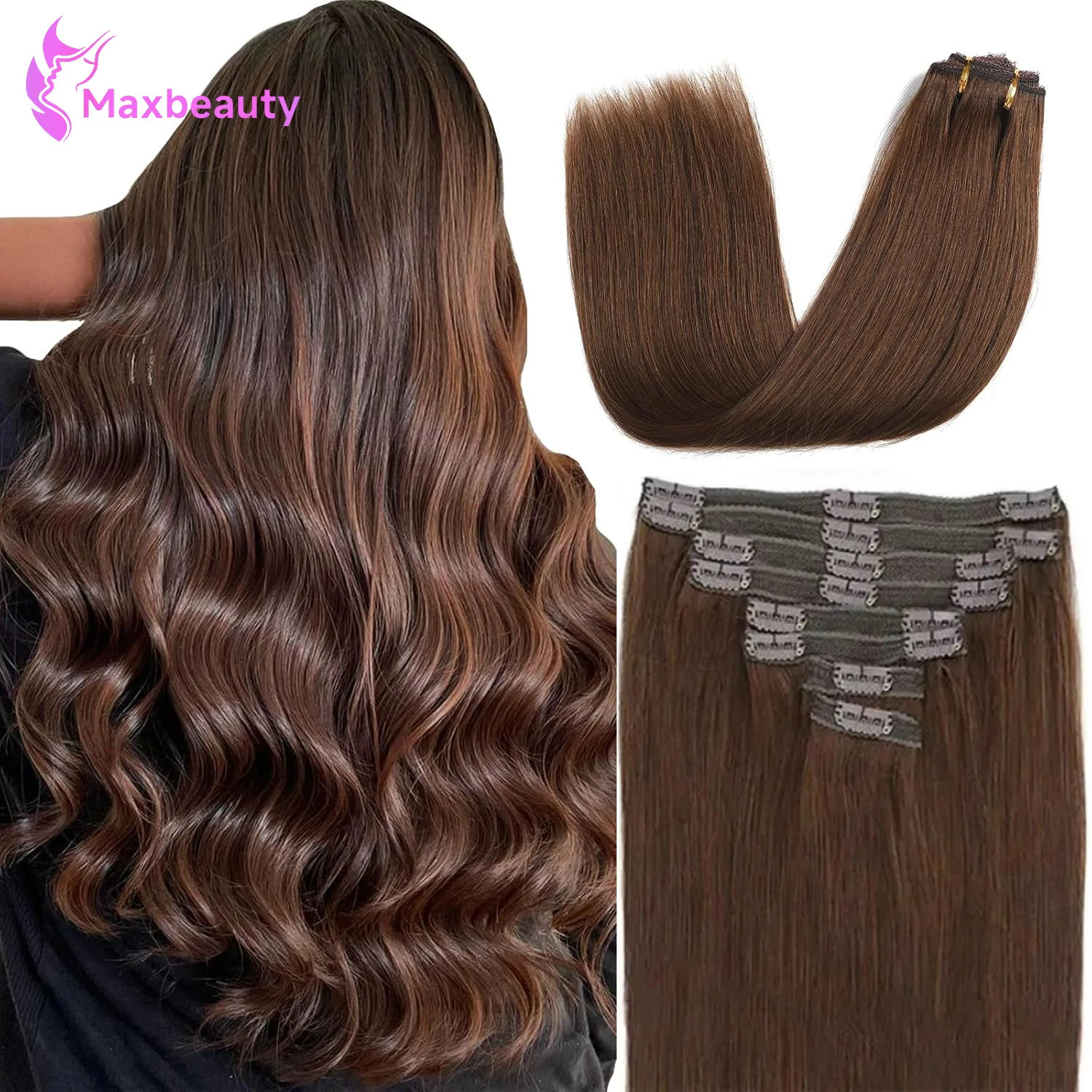 Clip In Extensions Chocolate Brown Soft Straight Hair Extensions Clip In Hair Extensions Real Human Hair 8Pcs Clip Ins 120G/Pack
