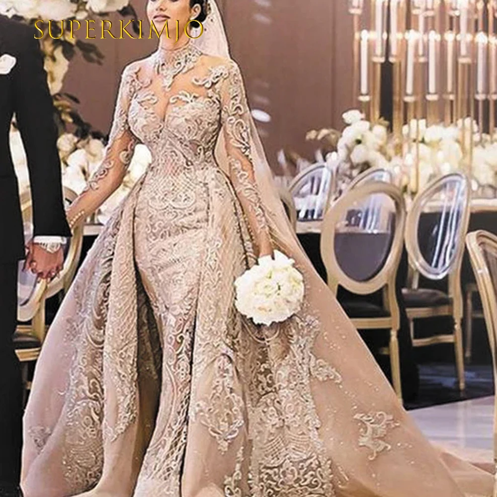 SuperKimJo Champagne abito da sposa abito da ballo collo alto in pizzo Appliqué gotico di lusso con perline abiti da sposa