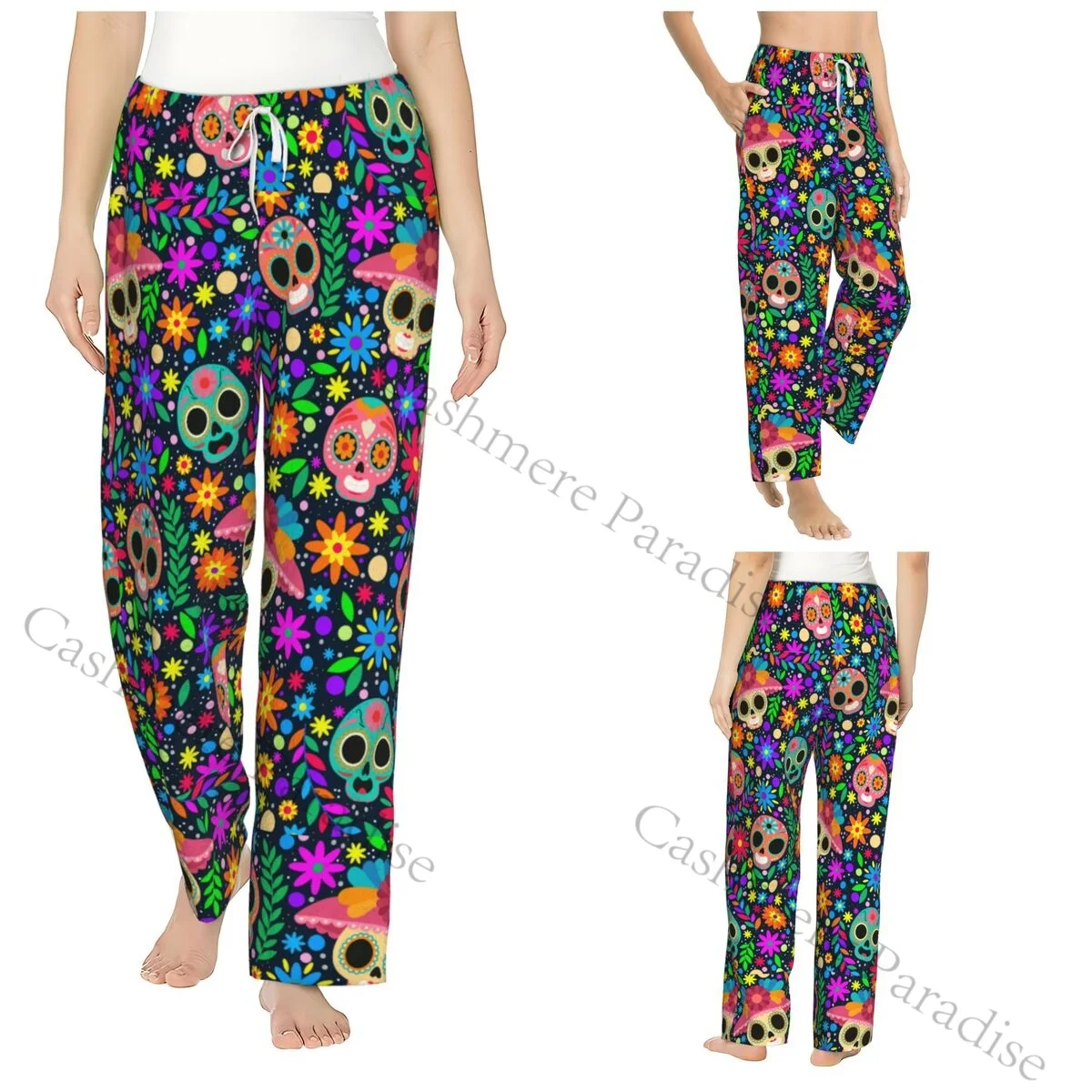 

Sugar Skull Mexican Flower Cozy Flannel Pajama Pants for Women Sleep Bottoms Home Loungewear