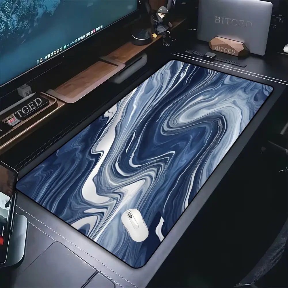 Large XXL Cushion MousePad Blue White Marble Liquid Swirl Abstract Art Non Slip Rubber Gaming Keyboard Gamer Desk Mat Soft Pad