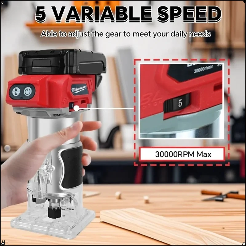 Milwaukee 800W bezkartáčová kompaktní frézka, 5 rychlostí, dřevoobráběcí frézka, 30 000 ot./min, akumulátorová elektrická vyžínačka pro 18V baterii - náhled 2