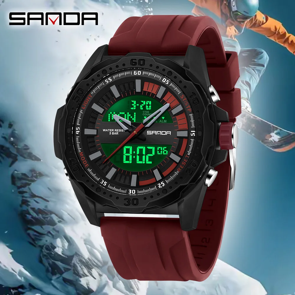 산다 신형 3373 학생용 전자시계 타이밍 알람 시계 스포츠 다기능 방수 LED 남성용 전자시계