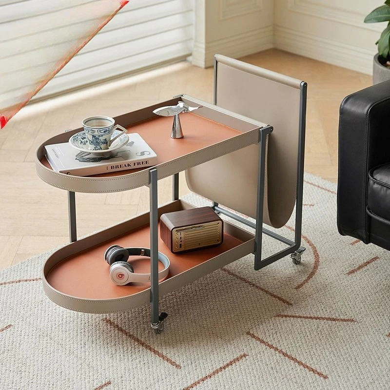 

Saddle leather sofa side living room balcony movable shelf design cart small apartment tea corner