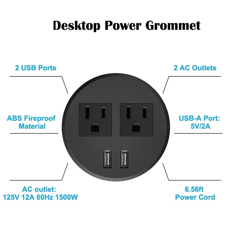 米国規格 ラウンドデスク用電源グロメット USBソケット 2ACコンセント 2USB /デスク穴 3.15インチ(80mm) 埋め込み式電源コンセント USBグロメット