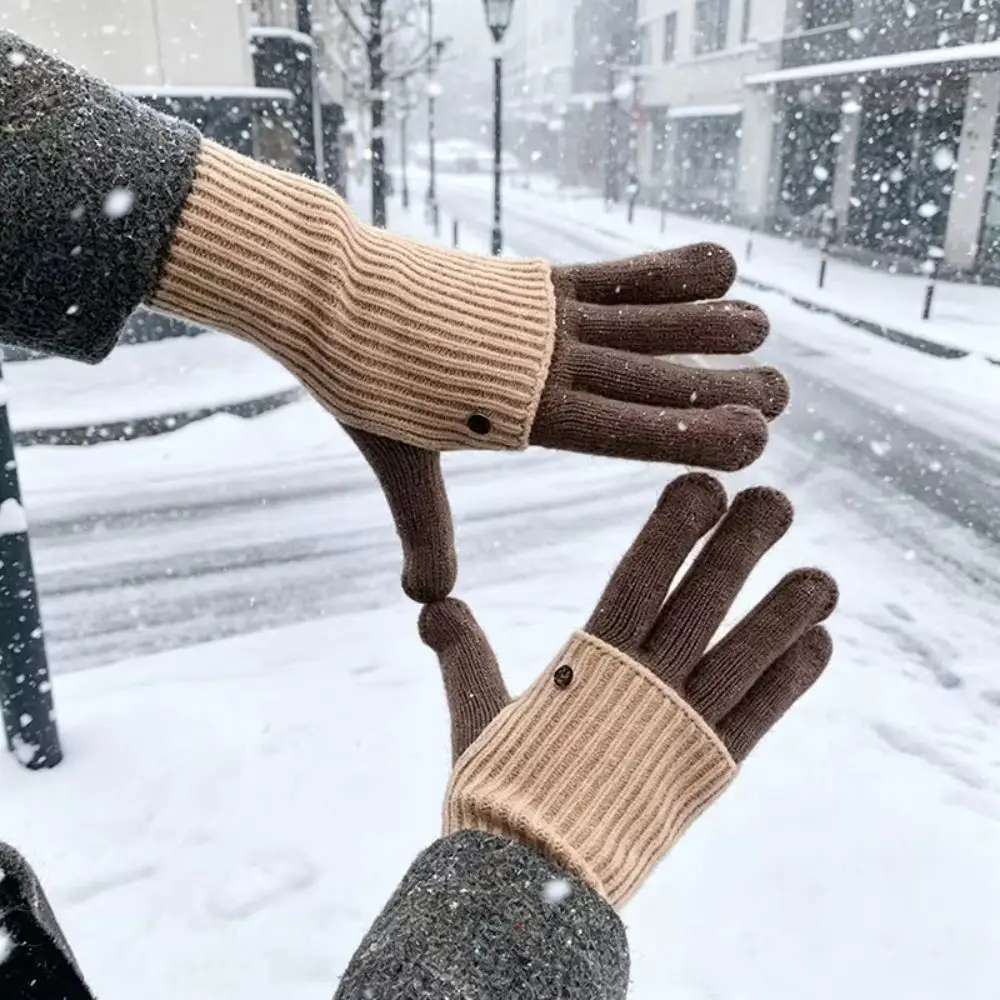Breathable Warm Color Blocked Knitted Gloves Open-Finger Dual-purpose Long Gloves Soft Windproof Full Finger Mittens Gift