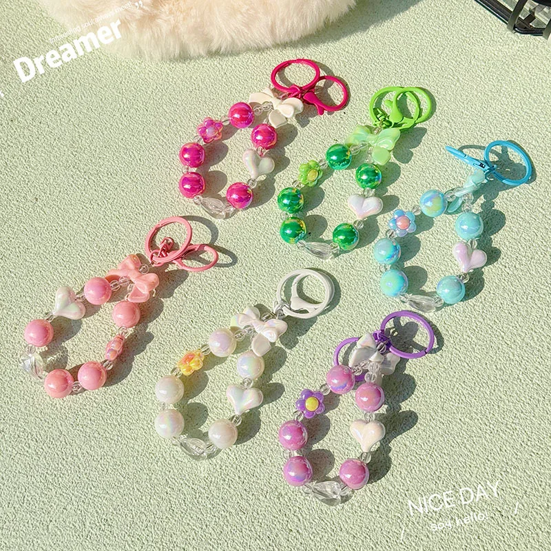 Pearl Colorful Beaded Phone Lanyard Bow Pendant Cute Handheld Chain Anti-lost Keychain Decor For iPhone 13 14 15 16 17 Pro Max