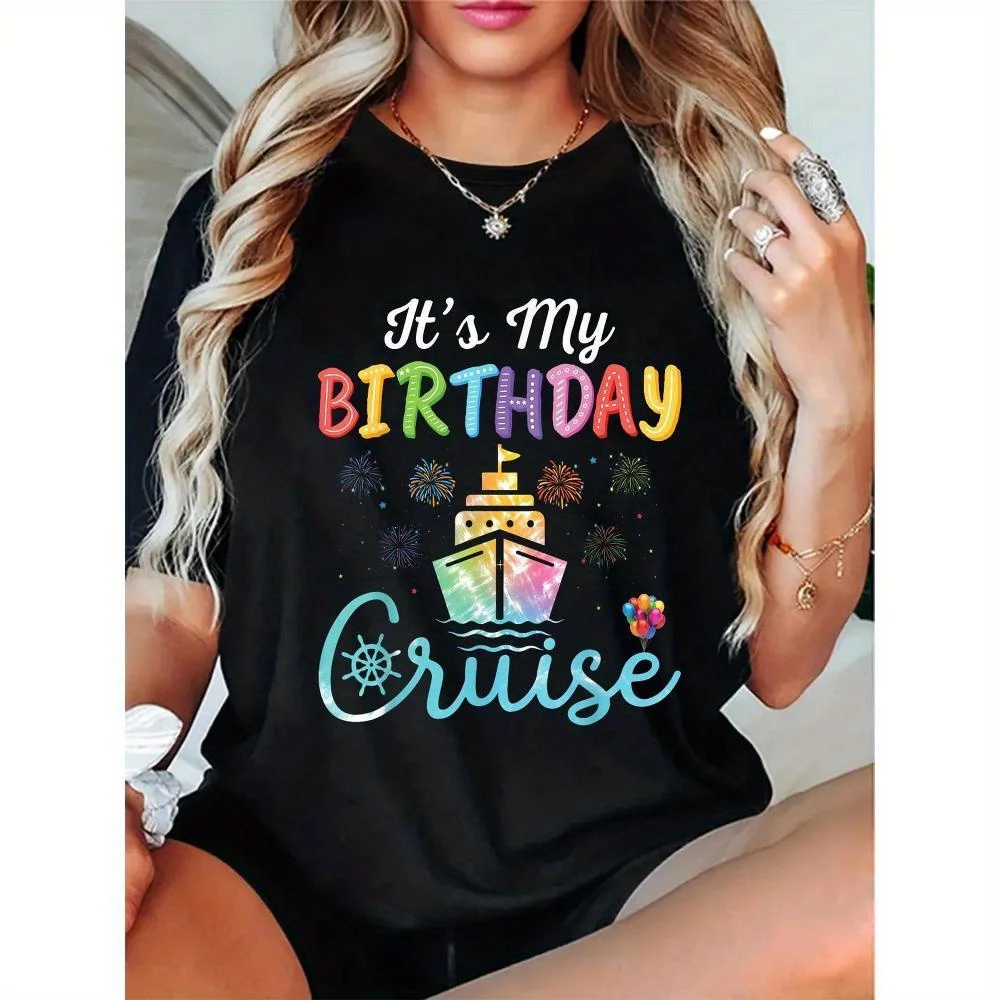 [Camiseta de crucero de cumpleaños] Camiseta negra para fiesta de cumpleaños, camiseta "Es mi crucero de cumpleaños" para mujer | Letras coloridas, barco y fuegos artificiales