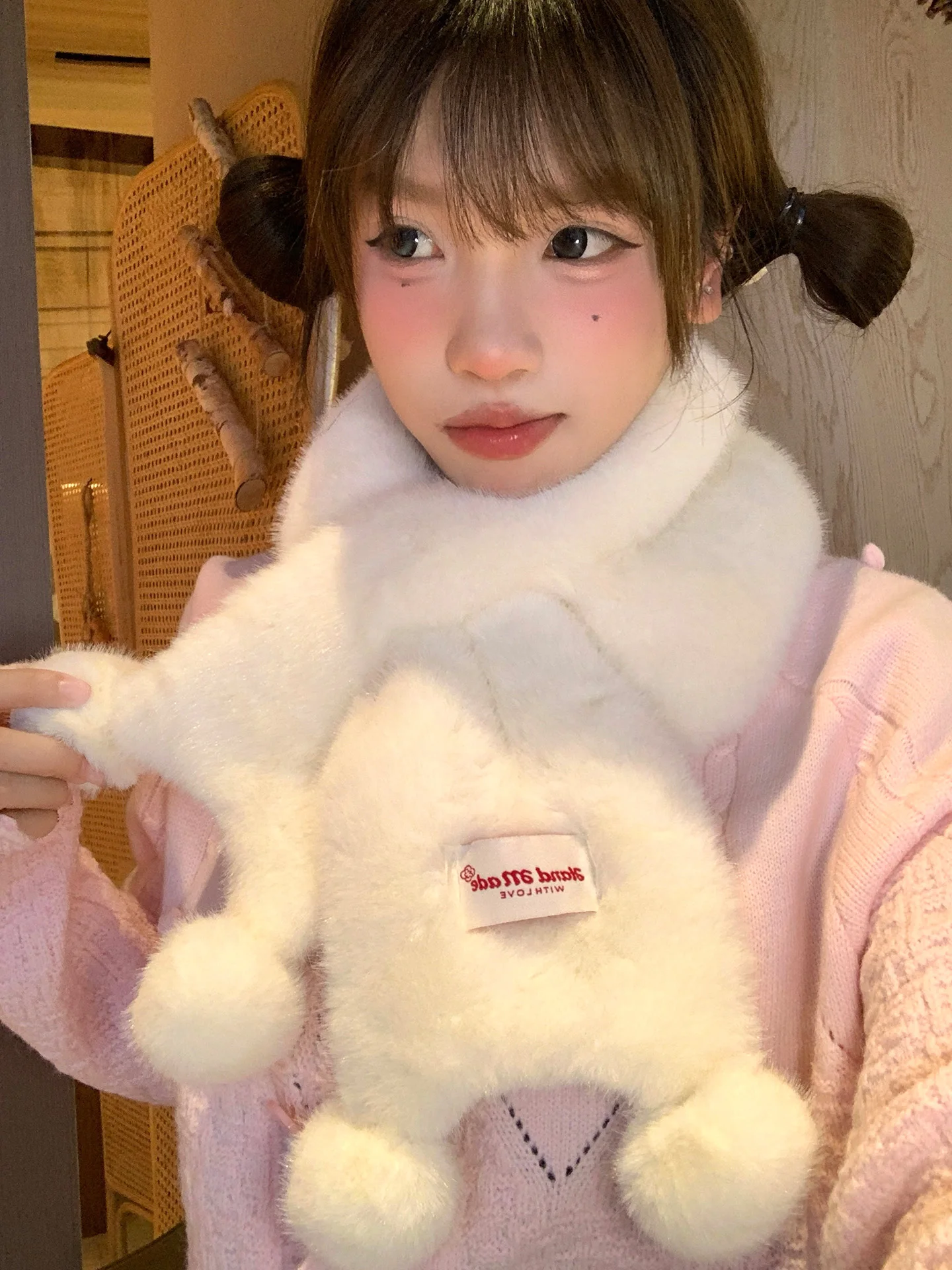 White Furry Scarf for Women Winter Warm Ball Decorated Cross Pattern Small Size Sweet Atmosphere Feeling Plush Neck Warmer