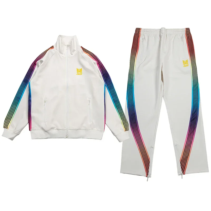 2025ss Butterfly Embroidery AGWE Pants Rainbow Striped Drawstring Jogger Pants Zipper Pocket White Trousers With Tags