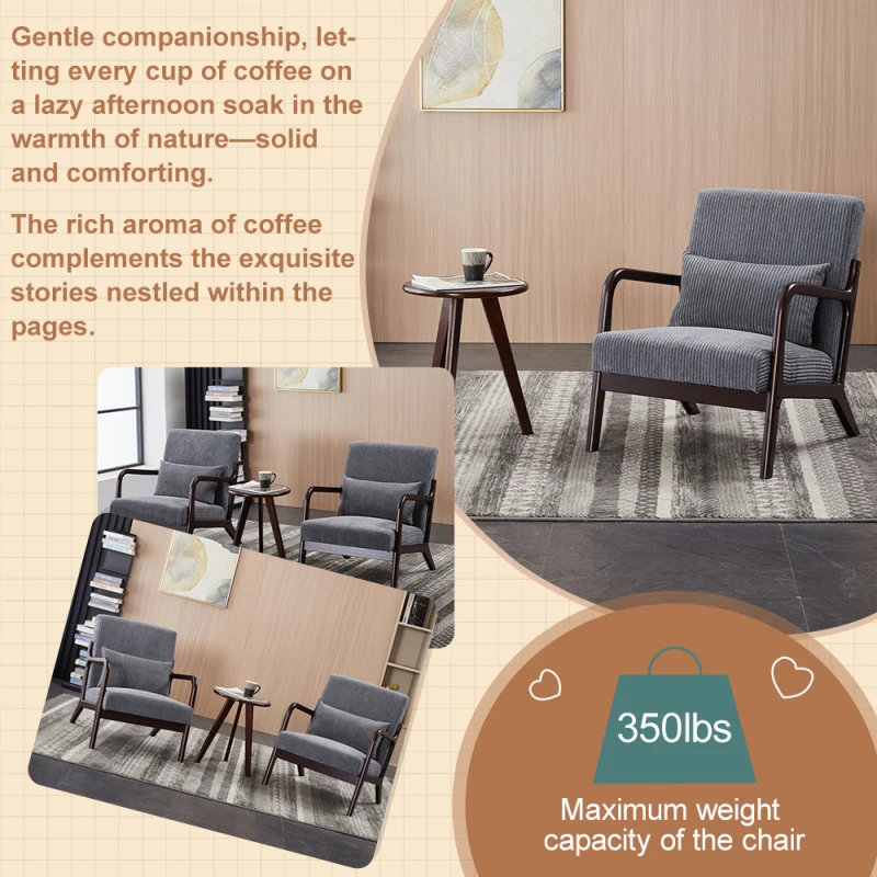 Dark Gray Antique Leisure Chair Walnut Tone Coffee Table Mid Century Modern Style Vintage Accent Set