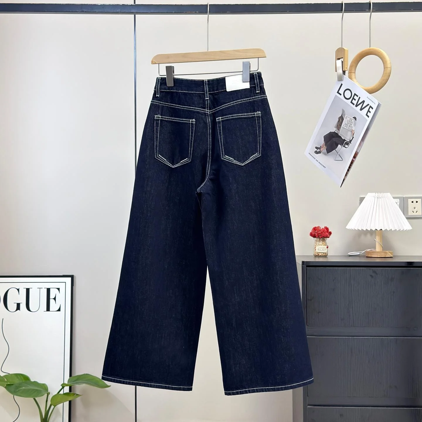 Retro High Waist Silver Wave Decorative Embroidery Anti-Fading Commute Wide Leg Jeans Nine-Piece Pants for Ladies Cotton Zipper